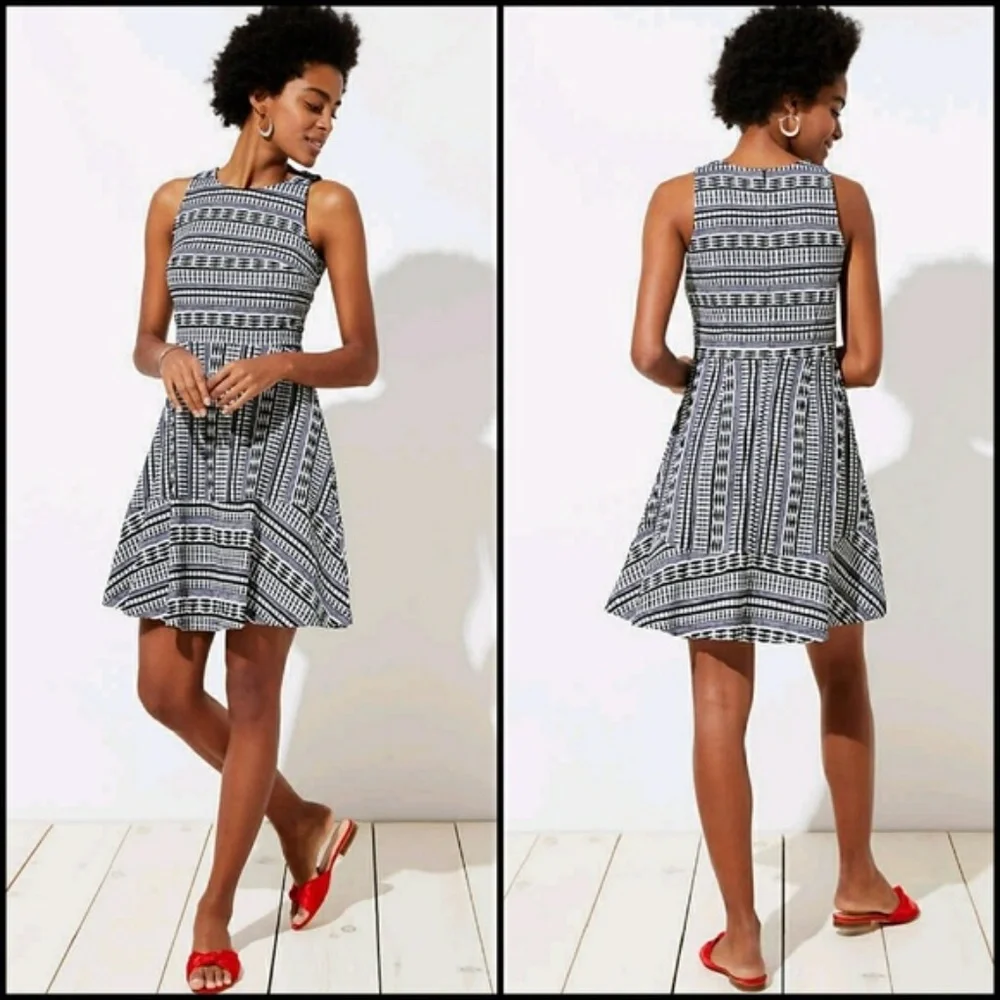 LOFT Black & White Geo Textured Flare Sleeveless Dress - Picture 1 of 8
